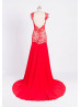 Red Lace Chiffon Backless Long Prom Dress 